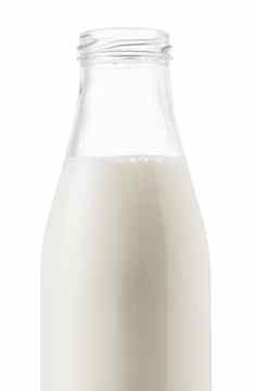 开放玻璃瓶牛奶孤立的白色