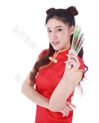 女人穿<strong>中国</strong>人旗袍衣服持有<strong>中国</strong>人风<strong>扇</strong>孤立的白色背景