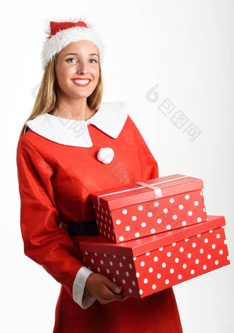 金发女郎女人圣诞老人老人衣服微笑礼物盒子