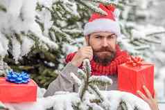 有胡子的男人。圣诞老人他冬天在户外圣诞节男人。胡子持有现在礼物赶时髦的人圣诞老人圣诞节树雪冬天森林