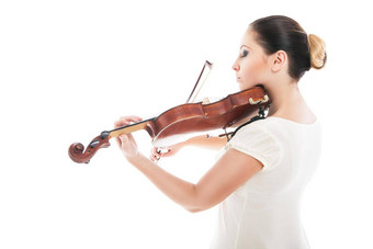 美丽的年轻的女人玩小提琴白色