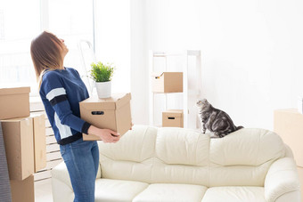 迷人的年轻的女人持有盒子的事情移动站公寓灰色的垂耳的苏格兰猫概念移动乔迁庆宴