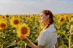 肖像女人向日葵场自然农业夏天太阳