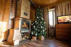 照片室内房间木墙圣诞节树壁炉圣诞节大气首页安慰