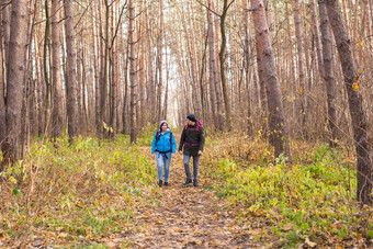 人徒步旅行旅游自然概念夫妇旅游徒步旅行秋天森林