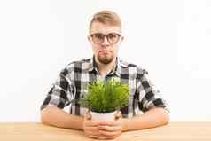 学生办公室人概念年轻的脾气暴躁的男人。坐着表格绿色植物白色背景奇怪的