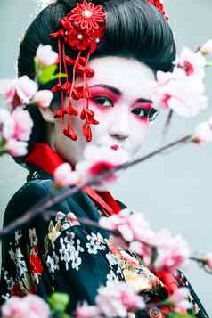 年轻的漂亮的艺妓黑色的和服樱花亚洲人种关闭白色背景