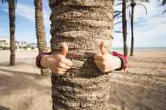 旅游夏天假期旅行概念手势拇指标志棕榈树