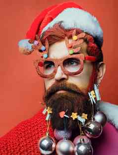 有胡子的圣诞老人老人关闭肖像有趣的圣诞节脸圣诞老人老人有胡子的赶时髦的人