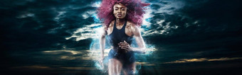 女人马拉松跑步者强大的运动短跑运动员运行黑暗背景穿运动服装能源健身体育运动动机
