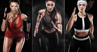 跑步者概念拼贴画运动员短跑运动员运行强大的运动女人运行黑色的背景穿运动服装健身体育运动动机