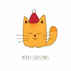 圣诞节卡可爱的姜猫小猫红色的圣诞老人他