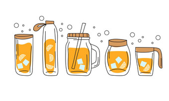 集玻璃容器瓶橙色汁冰手画风格