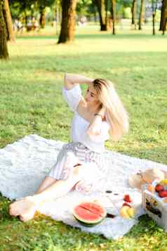 年轻的金发女郎女人坐着格子水果公园