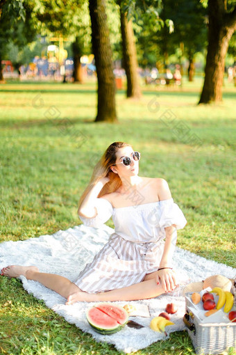 年轻的欧洲女孩太阳镜野餐格子坐着公园水果