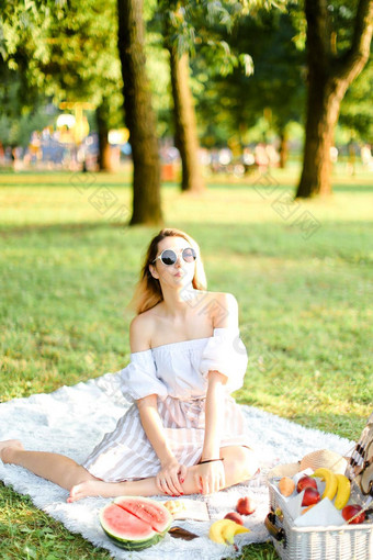 年轻的欧洲女人太阳镜野餐格子坐着公园水果