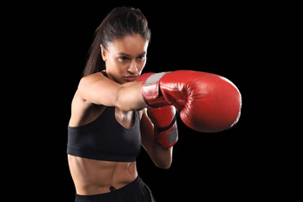 跆拳道女人运动服红色的跆拳道手套黑色的背景执行武术艺术踢体育运动锻炼健身锻炼