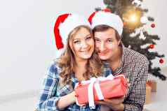 家庭x-mas冬天假期人概念快乐夫妇拥抱圣诞节树首页