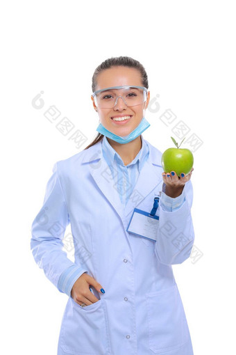 <strong>牙医</strong>医疗医生女人持有绿色新鲜的苹果手牙刷<strong>牙医</strong>医生女人医生