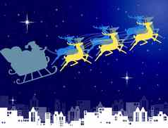 圣诞老人老人雪橇晚上天空城市背景