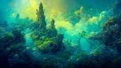 海底景观藻类植被超级明亮的颜色幻想风格