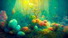 海底景观藻类植被超级明亮的颜色幻想风格