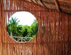圆窗口木棒小屋热带丛林