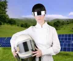 未来主义的宇宙飞船飞机宇航员头盔女人