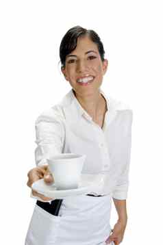 微笑女服务员服务咖啡
