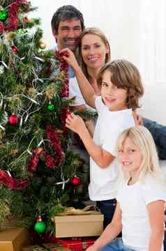年轻的家庭装修圣诞节树