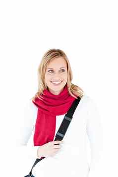 快乐女人穿红色的围巾微笑相机