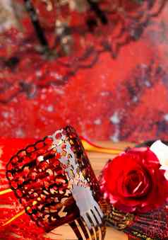 弗拉曼柯舞梳子风扇玫瑰典型的西班牙西班牙