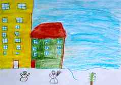 孩子们的画房子雪人