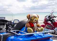 泰迪熊玩具蓝色的摩托车海滨