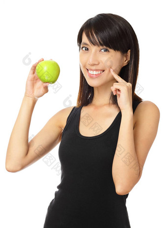 亚洲女人绿色苹果露出牙齿的微笑