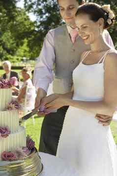 年轻的新娘新郎切割婚礼蛋糕花园