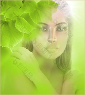 超现实主义的图像女人新鲜的绿色叶子摘要背景