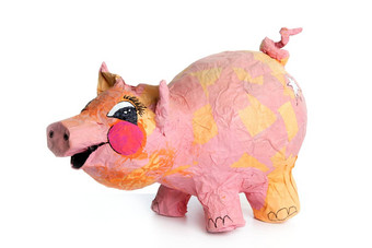 可爱的粉红色的猪卡通手工制作的玩具白色