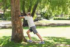 男人。伸展运动锻炼树