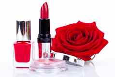 时尚化妆品新鲜的红色的玫瑰