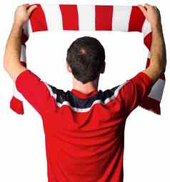 足球风扇红色的持有围巾