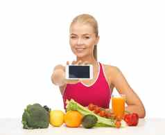 女人水果蔬菜智能手机