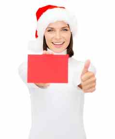 女人圣诞老人助手他空白红色的卡