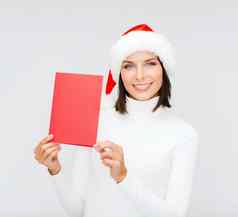 女人圣诞老人助手他空白红色的卡