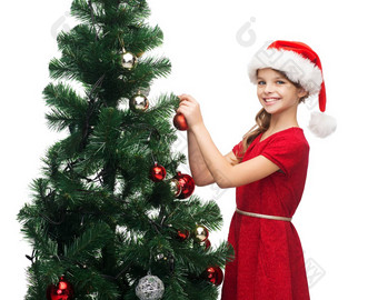 微笑女孩圣诞老人助手他装修树