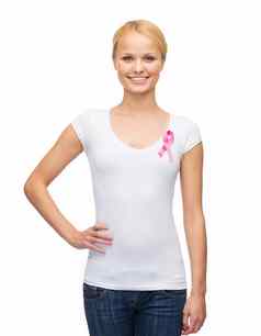 女人空白t恤粉红色的癌症丝带