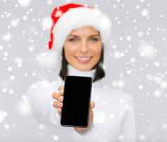微笑女人圣诞老人助手他智能手机
