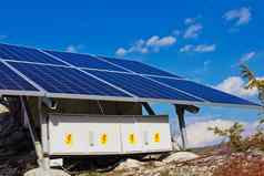 屋顶太阳能面板细胞细节太阳能面板生产清洁可持续发展的电太阳能面板宁静蓝色的天空