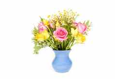 美丽的花束色彩斑斓的花花瓶孤立的白色