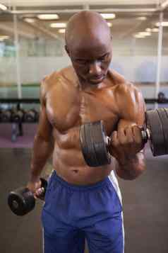 肌肉发达的男人。锻炼哑铃健身房